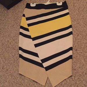 Yellow, black, beige striped pencil skirt
